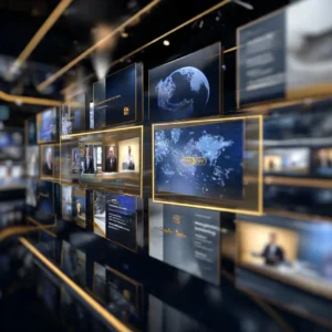 Pantalla mostrando el canal StreamForce 360º en Roku y TV por cable internacional, con gráficos de marketing 360°, portales informativos y BTL, representando transmisión en vivo 24/7 y visibilidad global.